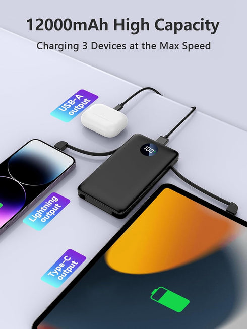 Portable charger12000mAh External Battery Packs,Ultra Slim Small Power Bank Compact with Built-in Cables,22.5W USB C Fast Charging LCD Display Clu...