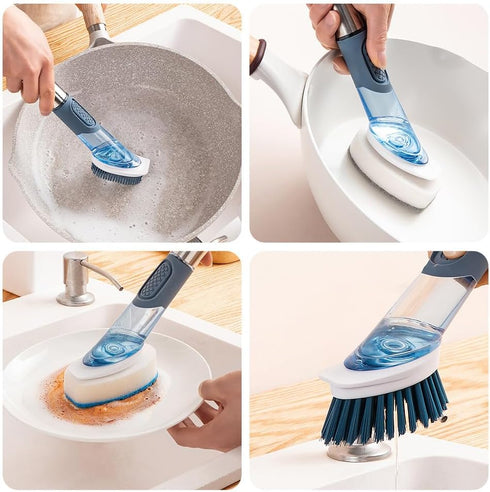 Household Four in One Long Handled Kitchen Automatic Liquid Sponge Cleaning Tool, Long Handled Brush Pot, Hydraulic Cleaning Brush, Kitchen Specif...