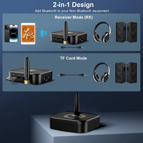 JXTZ Bluetooth Aux Adapter for Home Stereo, Bluetooth 5.1 Receiver with RGB Light, Support FT Card, 3.5mm Aux to Bluetooth Adpater, Low Latency, D...
