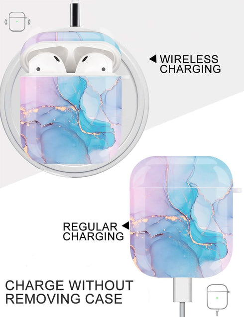 Protective Hard Case Cover with Cleaner Kit Portable Shockproof Women Girls with Keychain for Apple Airpods 2/1 Charging Case - Watercolor Marble...