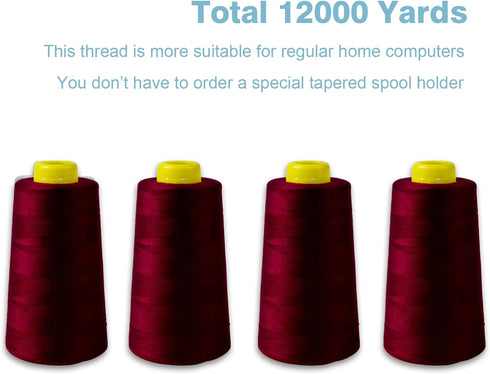 Serger Thread All-Purpose Thread for Sewing, Burgundy Thread, Polyester Sewing Thread, 4 Cones of 3000 Yards Each Spool Thread for Sewing Machine ...