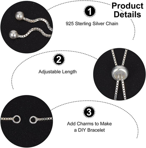 Beebeecraft 1 Box 2Pcs Adjustable Slider Bracelet Chain Sterling Silver Italian Ball Bead Chain Link Necklace Making for DIY Craft Jewelry 4.72 In...