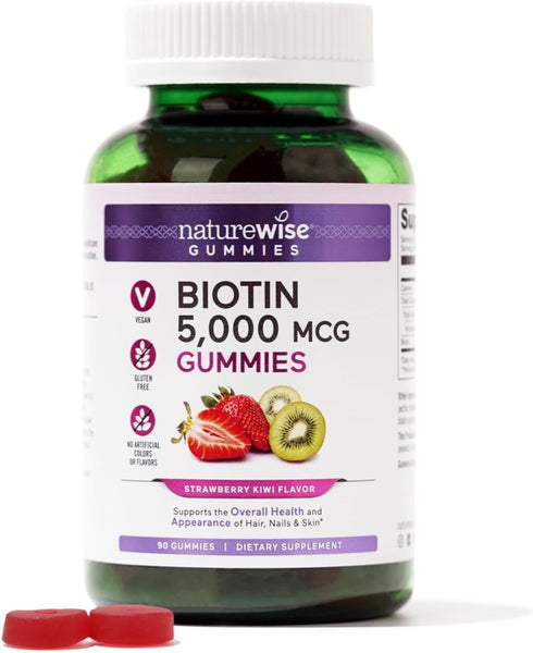 NatureWise Biotin Gummies - Hair, Skin and Nails Vitamin - Biotin 5000mcg Supports Hair and Nail Strength - Strawberry-Kiwi Flavor - Vegan, Non-GM...