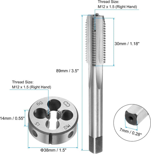 uxcell 3pcs Metric Hand Tap and Die Set, M12 x 1.5 Taper/Plug Thread Taps & Round Die, Hand Threading Tapping Tool Kit for Thread Repair...