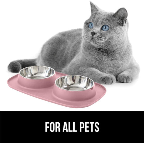 Gorilla Grip 100% Waterproof BPA Free Cat and Dog Bowls Silicone Feeding Mat Set, Stainless Steel Bowl Slip Resistant Raised Edges, Catch Water, F...
