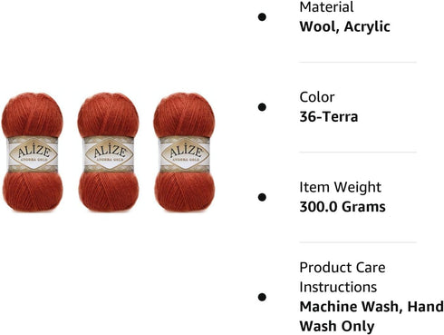Alize Angora Gold Yarn 20% Wool 80% Acrylic Lot of 3skn 300gr 1805yds Thread Crochet Lace Hand Knitting Turkish Yarn (36-Terra)...