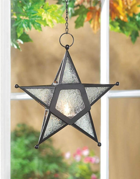 Zings & Thingz Beautiful Hanging Star Candle Lantern, Decorative Iron Light Home Decor, 9.5" Tall, Clear Glass...