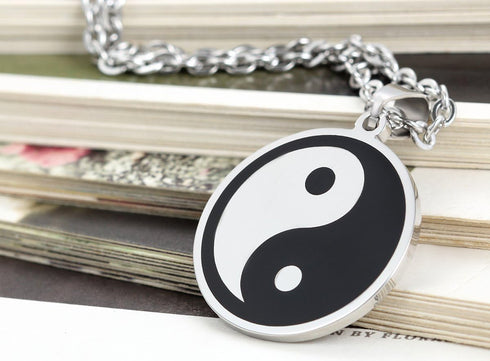 Flongo Men's Vintage Stainless Steel Black Silver Yin Yang Pendant Necklace, 22 inch Chain, Tai Chi Yin Yang Pendant Balance Symbol Necklace...