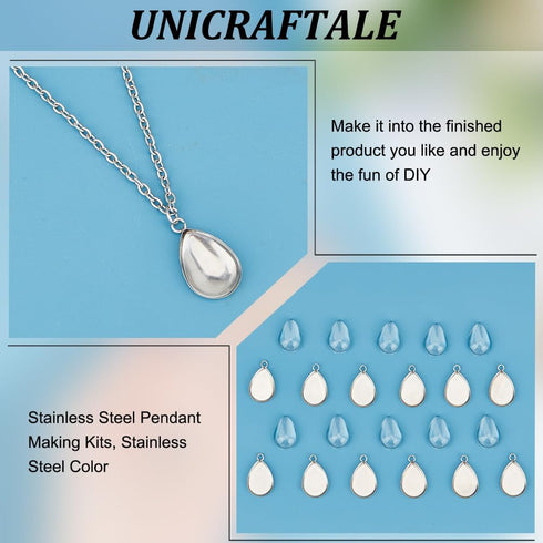 UNICRAFTALE 60 Sets 304 Stainless Steel Blank Bezels Teardrop Pendant Making Kit Oval Border Glass Cabochon Tray Charm Hole 1.6mm for Necklace Bra...