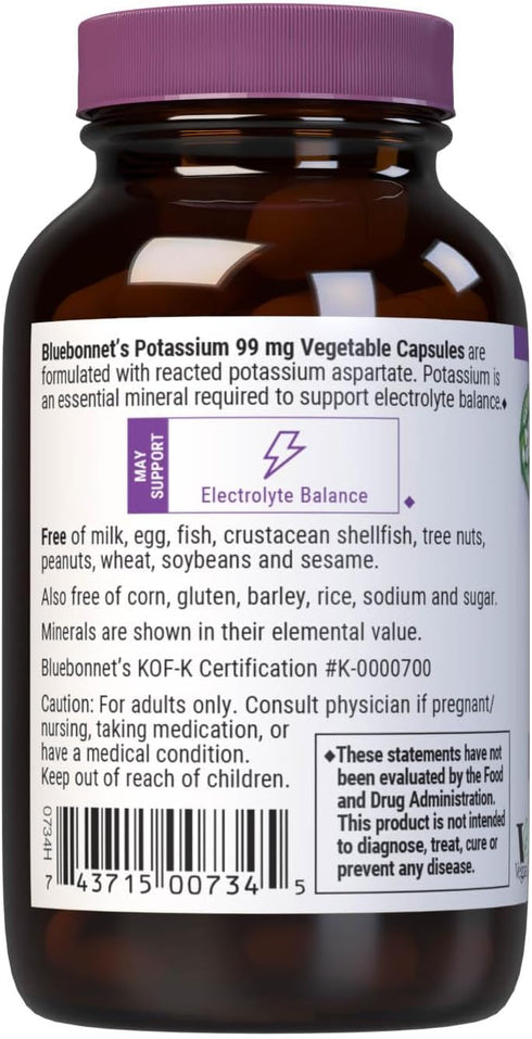 Bluebonnet Potassium Supplement Aspartate 99mg Essential Mineral Supplements for Electrolyte Balance - Non-GMO, Vegan, Kosher Certified, Gluten-Fr...