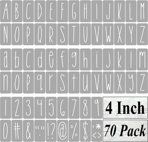 4 Inch Alphabet Letter Stencils for Painting - 70 Pack Letter and Number Stencil Templates with Signs for Painting on Wood, Reusable Skinny Letter...