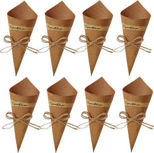 50Pcs Kraft Paper Cones Bouquet Wrapping Paper Cones Wedding Confetti Candy Gift Flower Paper Cones Holder with Hemp Ropes for DIY Wedding Table D...
