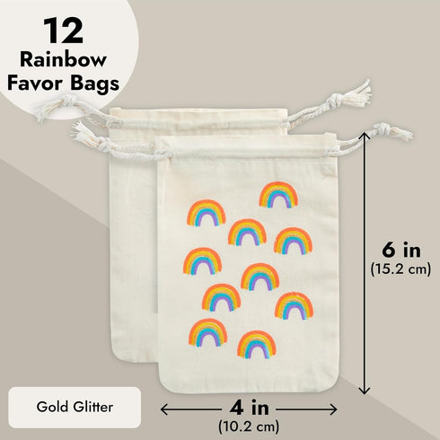 12-Pack Rainbow Party Favor Bags, Mini Canvas Drawstring & Treat Pouches, Supplies for Kids Birthdays, Unicorn Celebrations, and Gold-Glitter Rain...