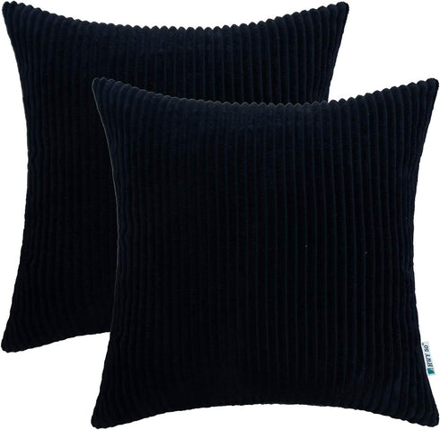 HWY 50 Black Corduroy Throw Pillow Covers 18x18 Inch, Set of 2, Soft Cozy Decorative Cushion Cases for Couch Sofa Bed Living Room, Boho Striped Ho...