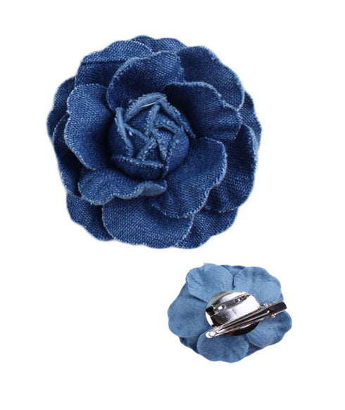 Denim Flower Brooch Blue Denim Flower Hair Clips Blue Jeans Flower Hair Pins BW21 (Dark Blue)...