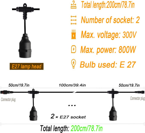 Outdoor LED String Lights, Pendant Light Cord with 2 Pendant Sockets, Patio Light String, Waterproof Reusable, 6.6ft E27 Pendant Light Kit No Bulb...