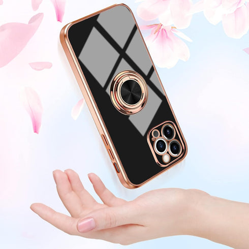 Omorro Compatible with Rose Gold iPhone 13 Pro Max Case for Women Girls Kickstand Ring Holder 360 Rotation Ring Glitter Plating Edge Work with Mag...