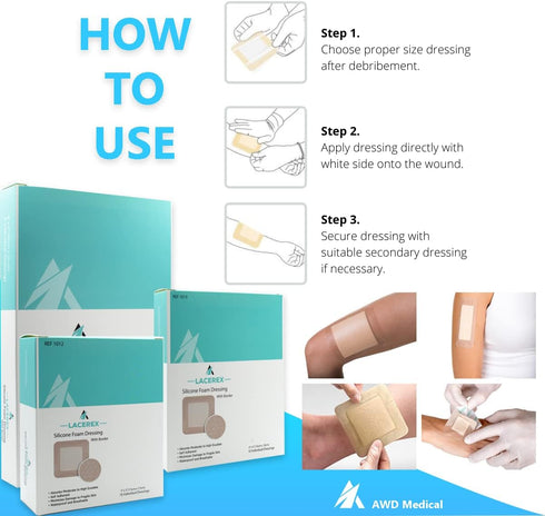 AWD Medical Bordered Silicone Foam Dressing - Waterproof Bedsore Silicone Bandages - Absorbent, Wound Dressing First Aid Bandage for Wound Care - ...