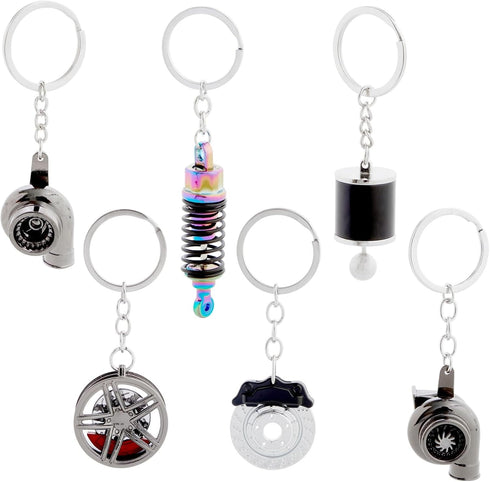 Zodaca 6 Pack Auto Car Parts Keychain Set with Turbo, Manual Gearbox, Tire Rim, Spring Shock Absorber, Brake Rotor (Metal)...