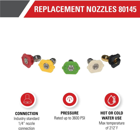 Simpson Cleaning 80145 3600 PSI Universal Pressure Washer Nozzles, 1/4-Inch Quick Connect, Hot- or Cold-Water Use, Set of 5...