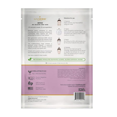 LuxaDerme Detox Bio Cellulose Face Mask, Moisturizing and Brightening Skincare Face Mask, Korean Sheet Masks for Glass Skin with Acai Berry, CoQ10...