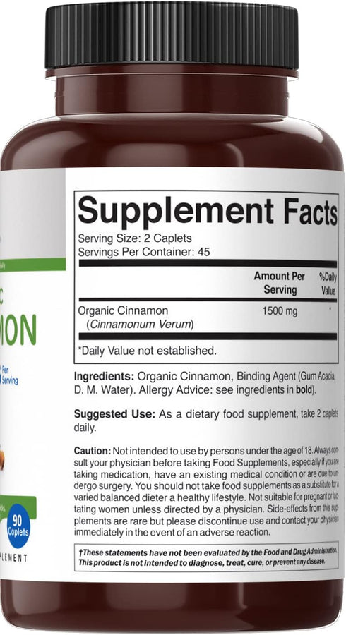 Brieofood Organic Cinnamon 1500mg, 45 Servings, Vegetarian, Gluten Free, 90 Vegetarian Tablets...