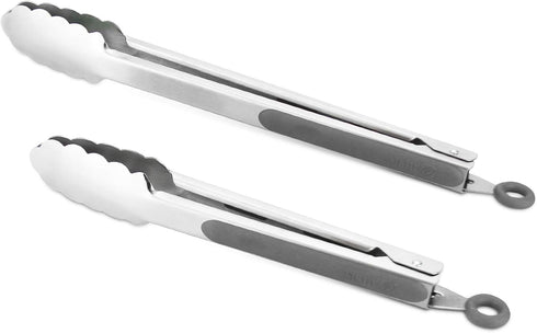 304 Stainless Steel Kitchen Cooking Tongs, 9" and 12" Set of 2 Sturdy Grilling Barbeque Brushed Locking Food Tongs with Ergonomic Grip, Grey...