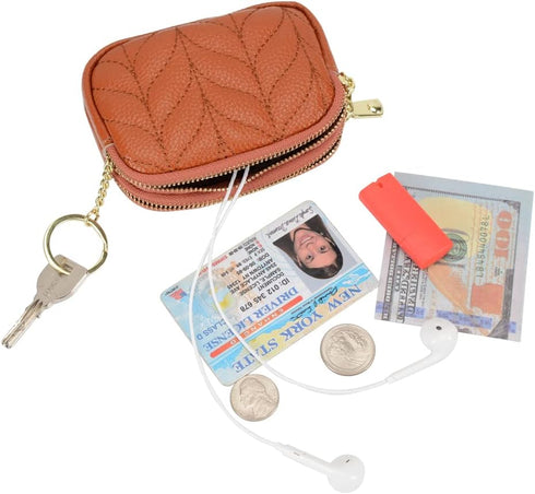 Small Coin Purse For Women Leather Change Pouch Wallet Double Zipper Card Holder with Key Chain...