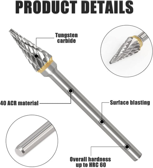 Tungsten Carbide Rotary Burr Die Grinder Bits Single Cut Grinding Head Diameter 10mm with 1/4" Shank Rotary Tool For Woodworking Drilling DIY Engr...