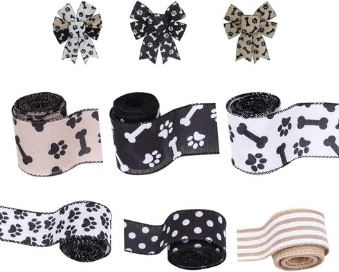 3 Rolls 1.5'' and 2.5'' Doggy Paw Print & Dog Ribbon(30 Yards), Lover Wired Edge Linen Ribbon,Stripes , Polka Dots Ribbons for Floral Arrangements...
