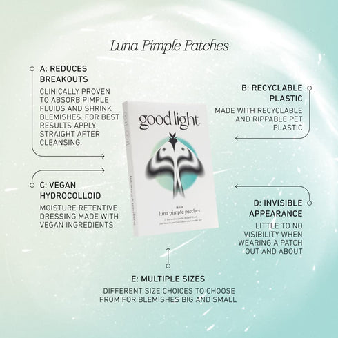Good Light Luna Pimple Patches. Fast-Acting, Non-Drying, and Vegan Hydrocolloid Patches to Shrink Blemishes in Just a Few Hours. 10mm and 12mm Pat...