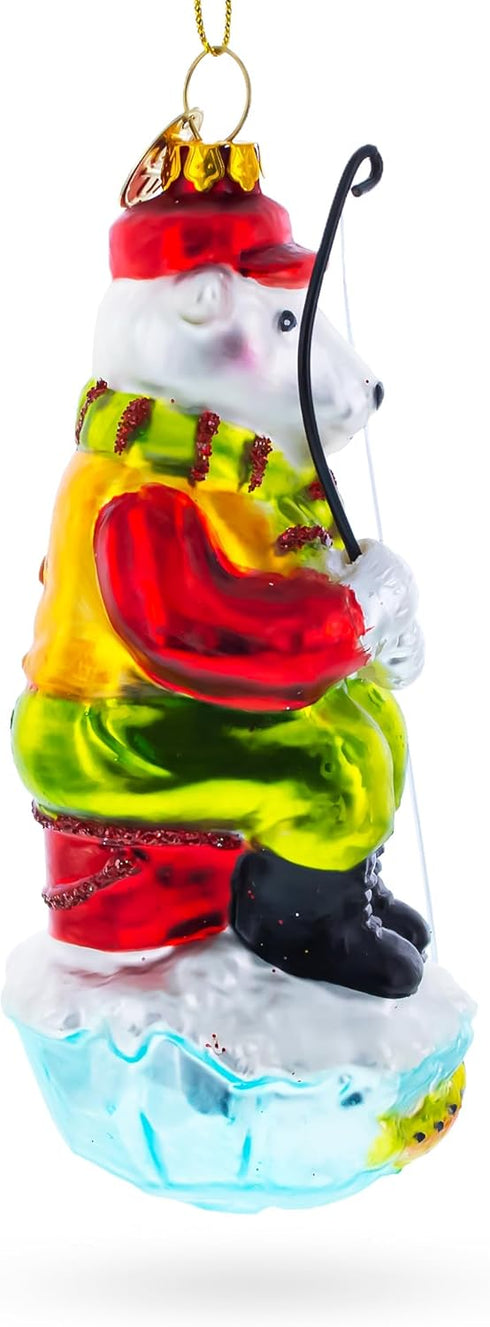 Polar Bear Ice Fishing Blown Glass Christmas Ornament...