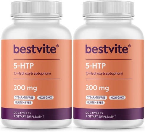 BESTVITE 5-HTP 200mg per Capsule (240 Capsules) (120 x 2) - No Stearates or Flow Agents - Gluten Free - Non GMO...