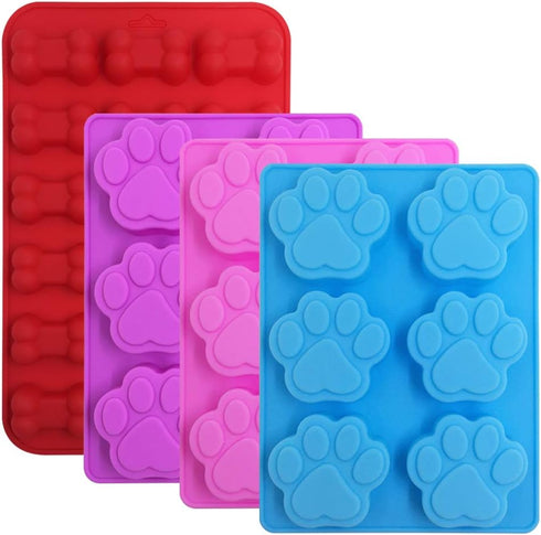 4 Pcs Silicone Candy Chocolate Molds, FineGood Puppy Dog Paw & Bone Shaped Ice Cube Trays Cookies Baking Pans for Making Frozen Dog Treats Soap Ba...