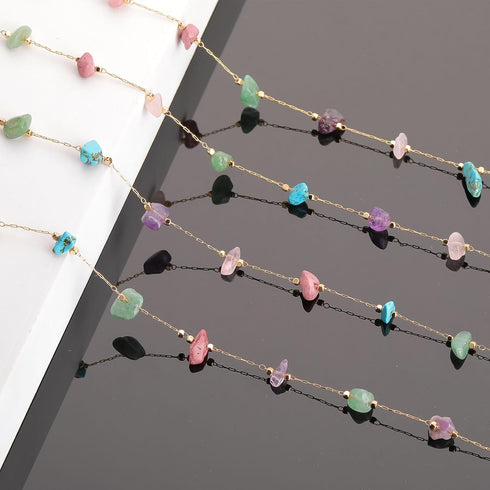 KYUNHOO 16.4FT Colorful Natural Stone Chain Links Gold Plated Brass Chain for Necklace Thin Paperclip Chain Roll with Lobster Clasps Jump Rings Je...
