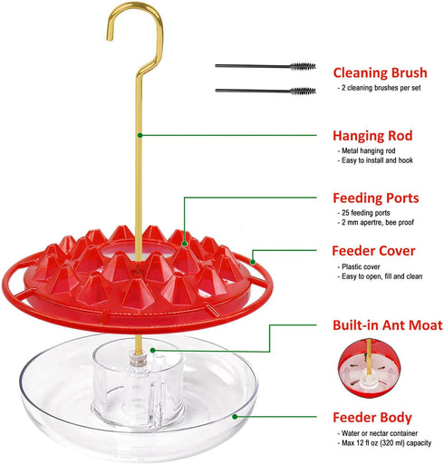 Hummingbird Feeders for Outdoors Hanging - 10 oz, 25 Feeding Ports, Easy to Install, Refill & Clean, Leak-Proof, Plastic Saucer Hummingbird Feeder...