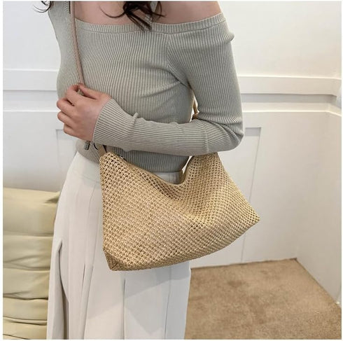 Women Small Faux Straw Bag Summer Beach Bag Woven Underarm Bag Hobo Bag Shoulder Bag Crossbody Purse Handbag 2 Pcs Set...