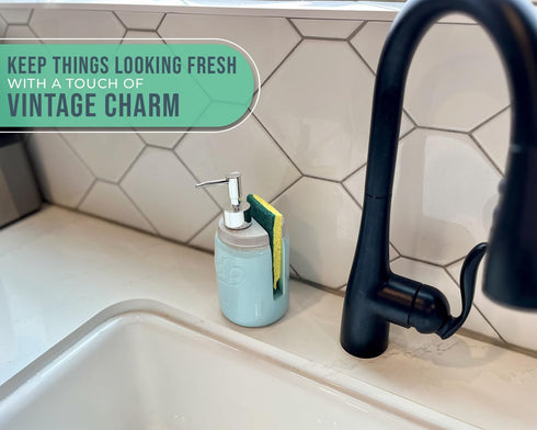 Mason Jar Kitchen Soap Dispenser & Sponge Holder - Sink Organizer - 14oz Kitchen Counter Liquid Soap Dispenser with Stainless Steel Pump, Blue Cer...