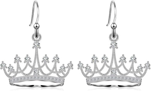 Sterling Silver Round Cubic Zirconia Crown Dangle Earrings for Women Queen Jewelry Mothers Day Gifts for Mom Valentines Christmas Birthday Jewelry...