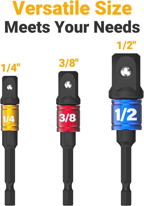 Impact Grade Socket Adapter Set - 3 PCS Extension Bit Set Socket Wrench Driver Adapter Kit with Holder 1/4" 3/8" 1/2" Drive for Power Drill Stocki...