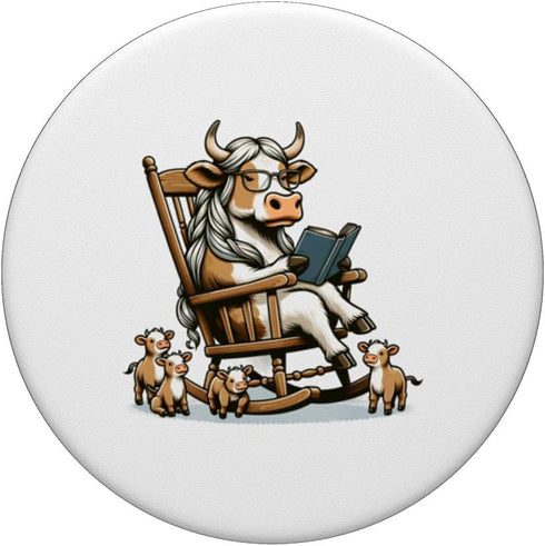 Funny Cartoon Cow Grandma Reading to Calves Farm Homestead PopSockets Standard PopGrip...