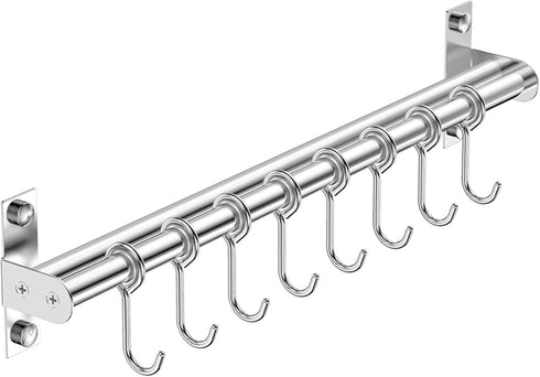 ASkinds Utensil Hanging Rack Stainless Steel Rail Hanger Rod Wall Mounted Pot Pan Lid Holder Cookware Storage Organizer with Sliding Hooks for Kit...