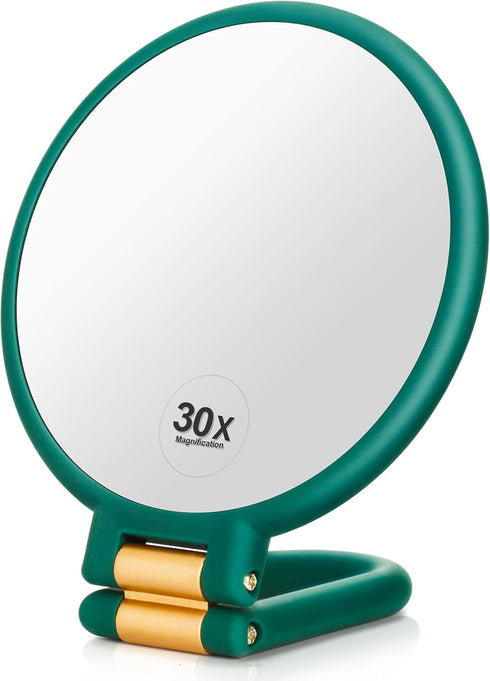 1x 30x Magnifying Travel Mirror, Hand Mirror with Handle - Double Side Hand Held Mirror with 1x30x Magnification & Foldable Handle, Portable Trave...