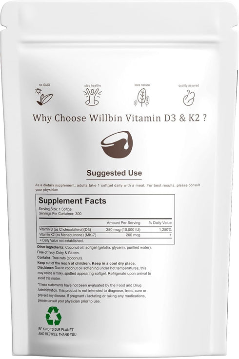 2-in-1 Vitamin D3 K2 Supplement Softgel, 10000 IU VIT D3 + 200 MCG Vitamin K2, Free of GMO, Gluten, Soy, Bone Health, Cardiovascular Health Suppor...