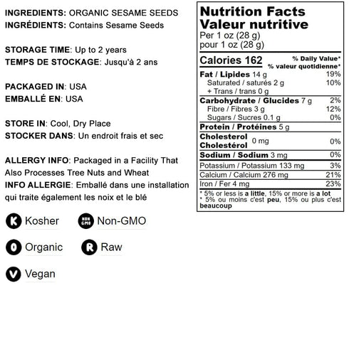 Food to Live Organic Hulled Sesame Seeds, 8 Ounces – Whole Raw White Sesame Seeds, Non-GMO, Kosher, Vegan, Unroasted, Bulk. High in Iron, and Calc...