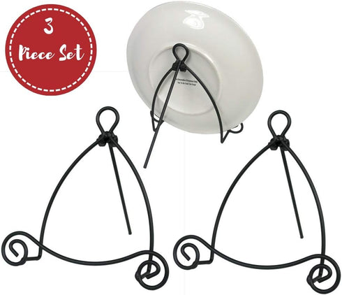 BANBERRY DESIGNS Black Metal Easel - Set of 3 - Wrought Iron Display Plate Stand - Swirling Spiral Scroll Design - 5 Inch High...