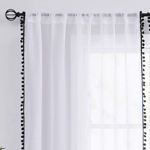 Treatmentex White Sheer Curtains Black Pompoms 63" inches Long Window Draperies for Boy's Room Bed Canopy 2 Panels Rod Pocket...
