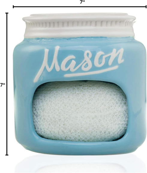 Blue Mason Jars Ceramic Sponge Holder for Kitchen Sink Organizer - Mason Jar Decor Farmhouse Sink Caddy Sponge Holder w/ Non Scratch Scrubber - Ho...