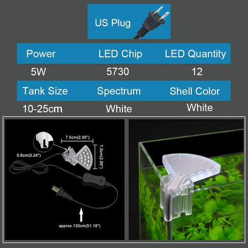 Senzeal M3 Aquarius Aquarium Light Fish Tank Light 5W 12 LED Fan Shaped Aquarium Planted Clip Lamp 600LM for 4-10 Inch Fish Tank White Lighting...