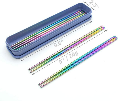 Rainbow 304 Stainless Steel Chopsticks -Reusable Multicolor Lightweight Stainless Steel Polished Chopsticks - Metal Chopsticks 5 Pairs Set with Ca...